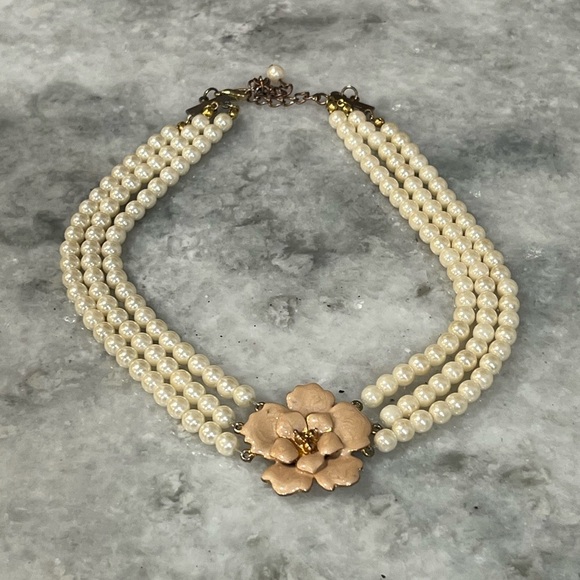 Faux Pearl Triple Strand Collar Enamel Beige Rose Fashion Necklace 14 in. - Picture 2 of 6